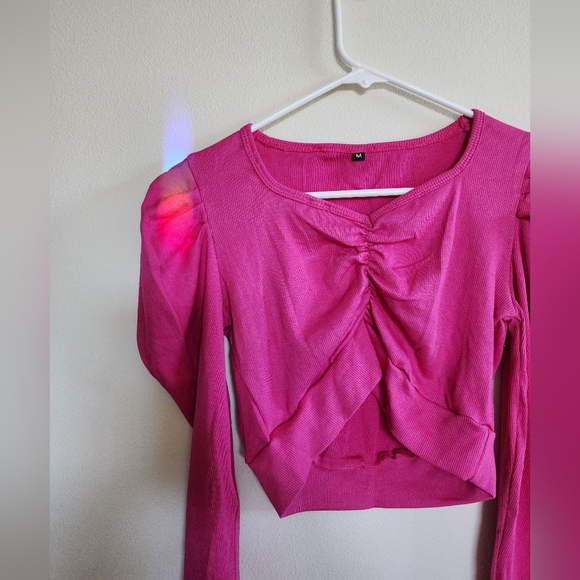 NWOT Long Sleeve Barbie Pink Crop Top Blouse - Picture 2 of 4